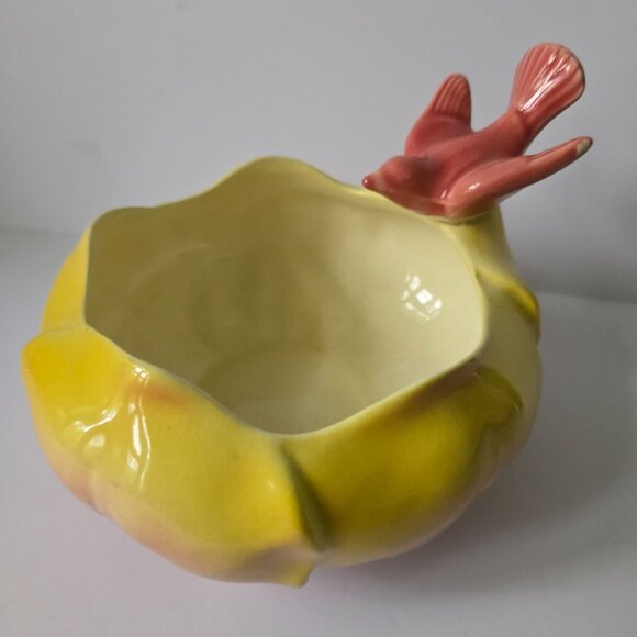 Vintage Royal Copley Yellow & Pink Ceramic Planter Bowl With Bird Accent - Picture 3 of 16